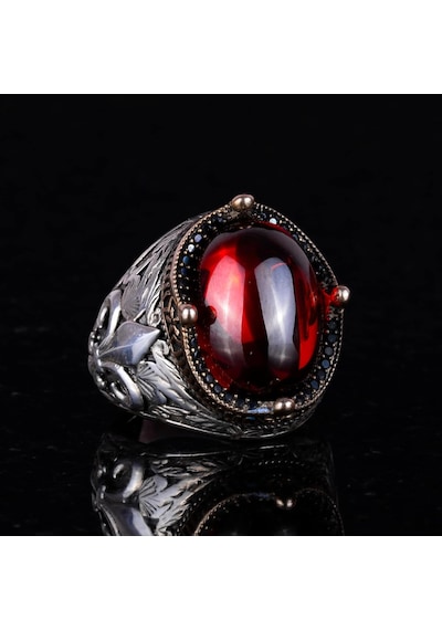 925k Ayar Gümüş Yüzükler Premium Yapay Taşlarla Cabochon Garnet Yapay Gümüş