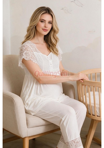 Quilling Ekru Renkli Dantel Detaylı, 33200 Kısa Kol, 2 Parça Lohusa Hamile Pijama Takımı