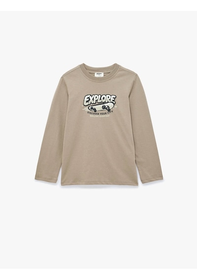 Koton Baskılı Kahverengi Erkek Çocuk Uzun Kollu T-shirt 7wkb10151tk