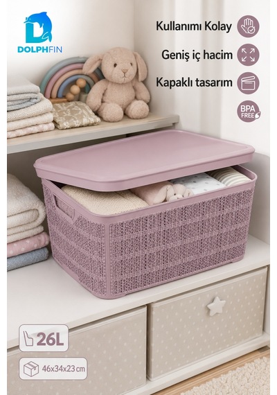 Jute Kapaklı Saklama Kutusu 26 L Plastik Mutfak Kiler Dolap İçi Organizer 46x34x23 Cm Mor