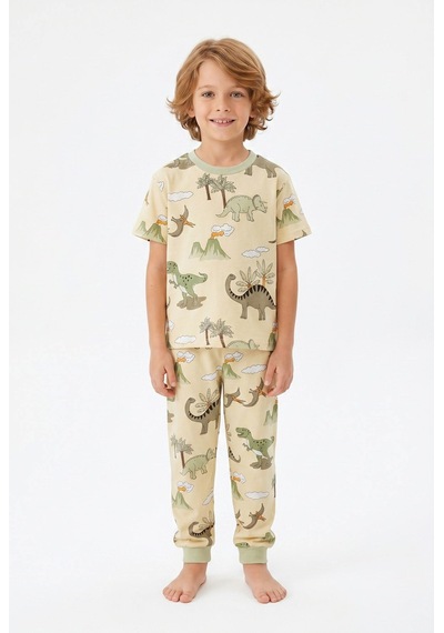 Bunny Hopp Yazlık Kısa Kollu Erkek Çocuk Pijama Takımı Safari Desenli %100 Pamuk Bej