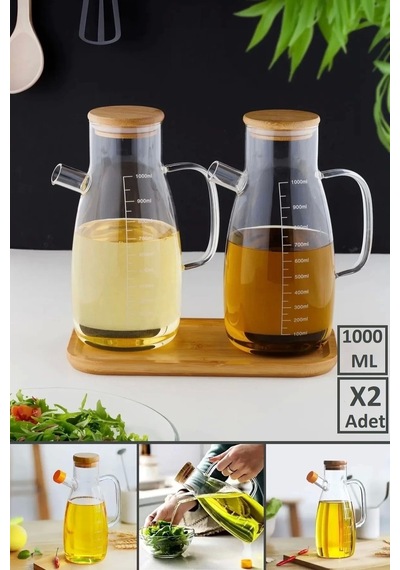 2li Bambu Kapaklı 1000 Ml Yağdanlık Borosilikat Cam Yağlık Sirkelik Şişesi Master Vakumlu Sosluk
