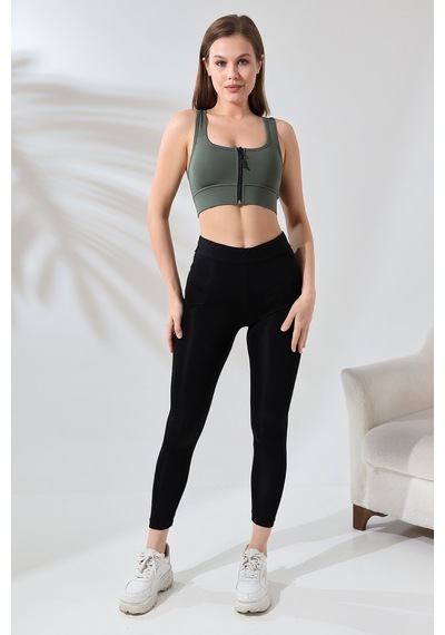 EMFURE Haki Fermuarlı Spor Büstiyer - Sports Bra / Crop Destekli Spor Sütyeni Haki