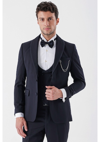 İmza Koyu Lacivert Desenli Armürlü Çıkarılabilir Şal Yaka Kruvaze 6 Drop Slim Fit Smokin Damatlık Takım 1001230214-Koyu Lacivert