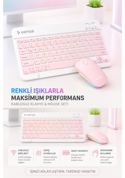 Tablet Ve Bilgisayar İçin Rgb Led Işıklı Taşınabilir Kablosuz Bluetooth Klavye Ve Dongle'lı Mouse Seti Pembe