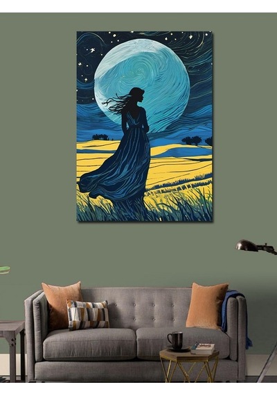 Kanvas Tablo Dolunay Ve Tarladaki Kadın 100cmx140cm