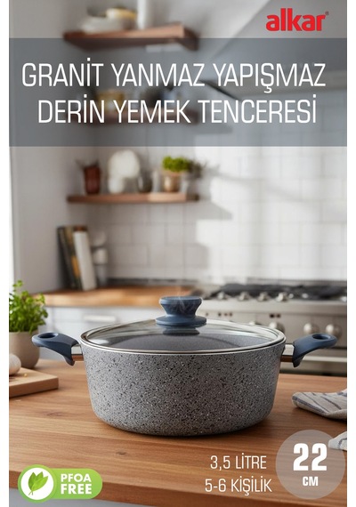 22 Cm Bio Granit Derin Tencere Yanmaz Yapışmaz Pfoa Free Yüksek Isıya Dayanıklı Siyah