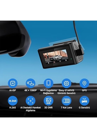 D11 2 Kameralı Ön/arka 4k+1080p Sony Starvıs Sensörlü Yapay Zeka Destekli Wi-fi Gps'li Araç Kamerası
