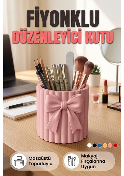 Fiyonklu Çizgili Düzenleyici Kutu Masaüstü Kalemlik Makyaj Fırçalık Pembe