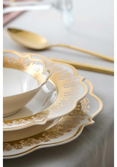 Acar 6262 Helena 60 Parça Bone Chına Emboss Gold 12 Kişilik Yemek Takımı Altın