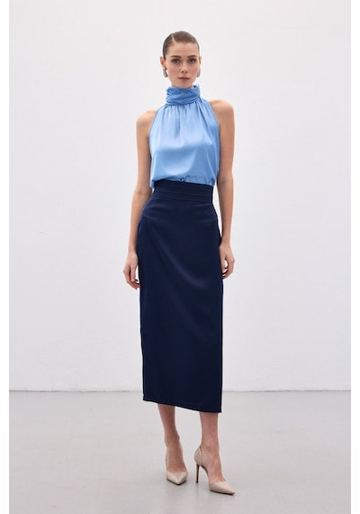 Sateen Bel Pile Detaylı Saten Etek - Lacivert-136551 Lacivert