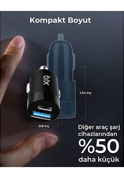 Bix Bxac65c 65w Pd Type-c & 18w Usb-a Girişli Çift Portlu Hızlı Şarj Özellikli Araç İçi Şarj Cihazı Siyah