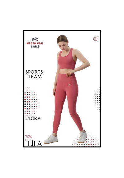 Missmaral Kadın Alt Üst Takım Fitness Pilates Koşu Sporcu Slim Fit Tayt Çift Cep Yüksek Bel Likralı Gül 3065 Gül Kurusu