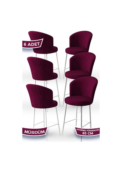 Canisa Alte Serisi 6 Adet Mürdüm Sandalye65 Cm Ada Mutfak Bar Sandalyesi Babyface Kumaş Beyaz Metal Ayaklı Sandalye Mürdüm Ayaklar Beyaz