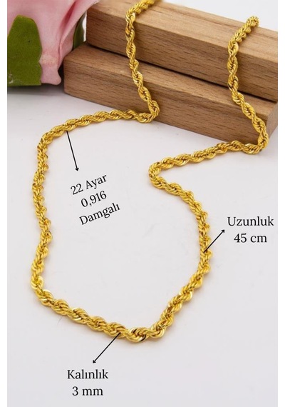 Latif Kuyumculuk 22 Ayar Altın Halat Zincir 3 Mm Halat Zincir 45 CM Lkznc1061
