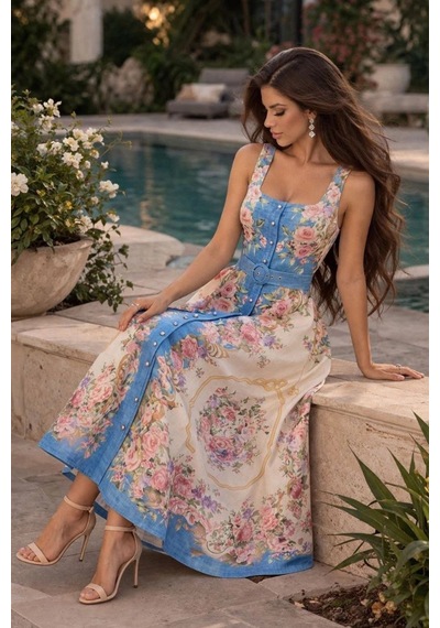 Asprinfashion Kadın Maxi Elbise Çiçek Desenli Keten Görünümlü Askılı Kemerli Yazlık Günlük Elbise Mavi Asprinfashion Kadın Maxi Elbise Çiçek Desenli Keten Görünümlü Askılı Kemerli Yazlık Günlük Elbise Mavi