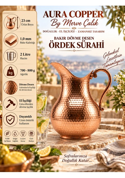 Aura Copper Dövme Bakır Ördek Sürahi 2 L 1 Mm 23 Cm El Yapımı