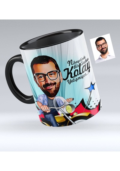 Kişiye Özel Bay Motorcu Karikatürlü Siyah Kupa Bardak - 1