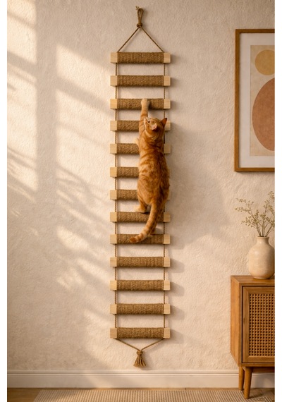 Ahşap Kedi Tırmanma Merdiveni Ve Duvar Köprüsü - Jüt İpli, 13 Basamak, 150 Cm