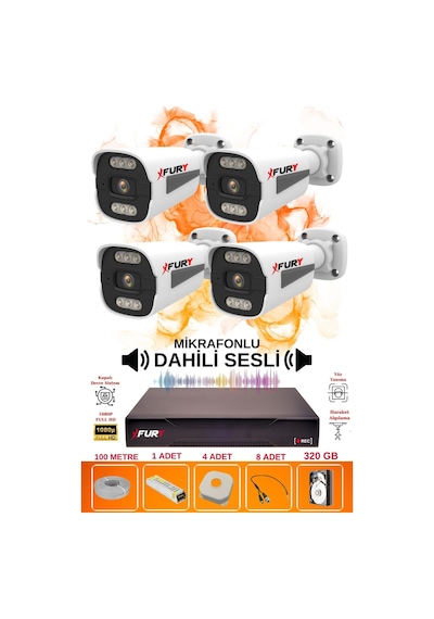 Fury 4 Lü Sesli 6 Warm Led Gece Renkli Görüş Su Geçirmez Güvenlik Kamerası Seti 320gb