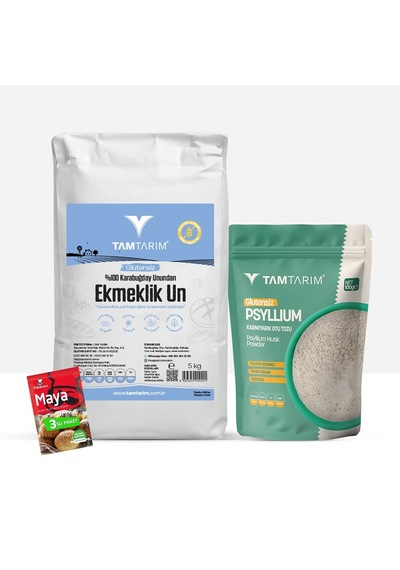Tam Tarım Glutensiz %100 Tam Çiğ Karabuğday Unundan Ekmeklik Un 5 KG + Psyllium Karnıyarık Otu Tozu 100 G + Kuru Maya 3 x 10 G