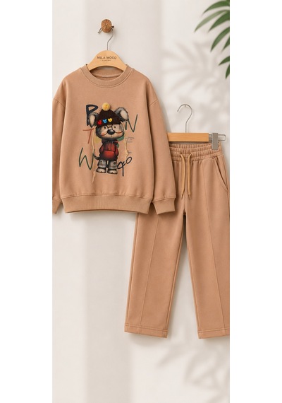 Mila Mood Erkek Çocuk Vizon Rengi Köpek Baskılı 2'li Eşofman Takımı Sweatshirt Eşofman Altı