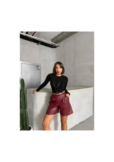 Verymoda Kemerli Deri Şort F1497 Bordo