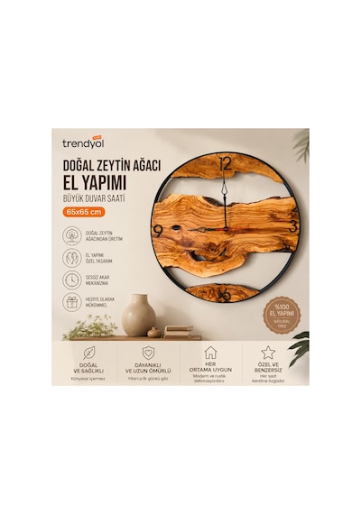 Büyük Boy 65x65 Cm Zeytin Ağacı Duvar Saati El Yapımı Doğal Ahşap Sessiz Saat Kahverengi