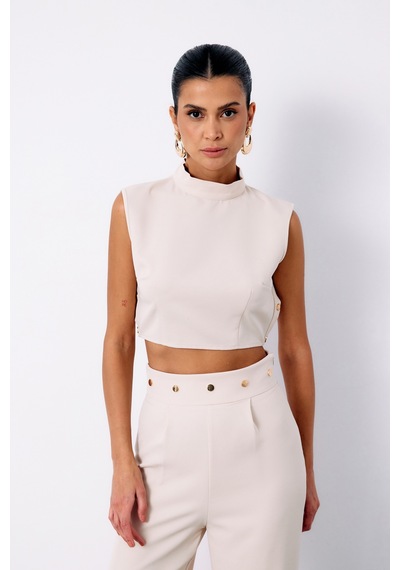 Sateen Çıt Çıt Detaylı Crop Bluz - Bej-134918 BEJ