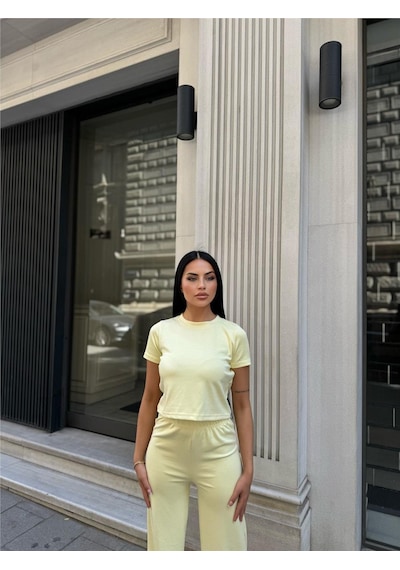 WeShaya Sarı Modal Doku Elastan Palazzo Takım Sarı