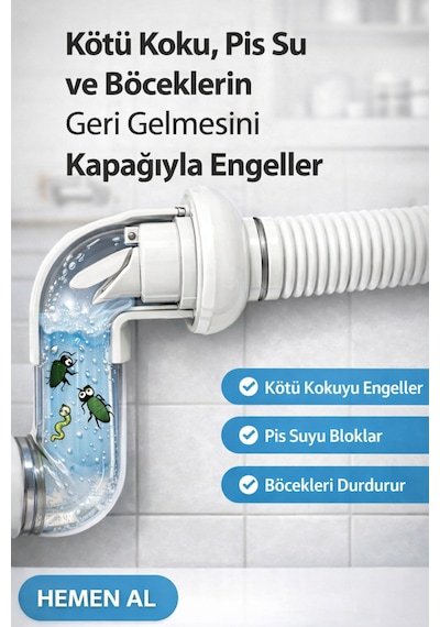 Lavabo Koku Giderici Çek Valfli Gider Adaptörü Ø50 Conta Evye Koku Ve Böcek Önleyici Sistem