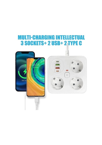 Akım Korumalı Anahtarlı Priz - 3x Priz - 2x Usb - 2x Type-c - 2 Mt Kablo Hızlı Şarj Özellikli Siyah 0 - 2 M