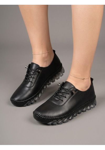 Beren Hakiki Deri Siyah Kadın Ayakkabısı Ortopedik Taban Düz Esnek Bağcıklı Comfort Casual Günlük Sneaker