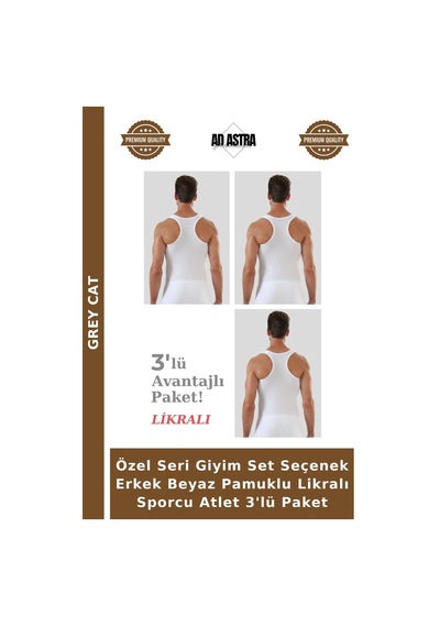 Grey Cat Özel Seri Giyim Set Seçenek Erkek Beyaz Pamuklu Likralı Sporcu Atlet 3'lü Paket