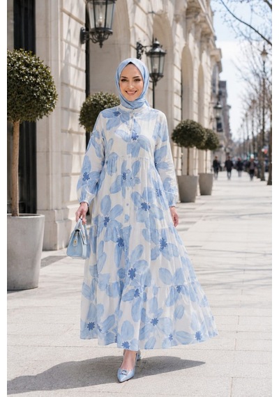 Hb Harma Time Butik Kadın Düğmeli Desenli Modal Mavi Elbise