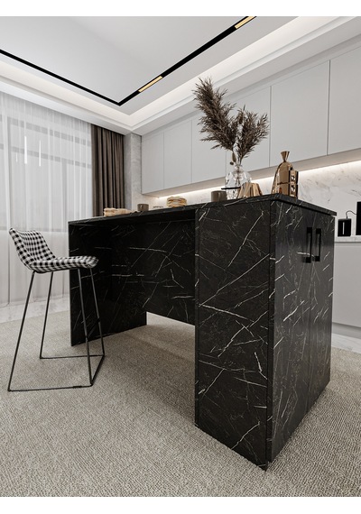 Asra Trend Mutfak Adası MA-04 %100 MDF Dolaplı Yemek ve Bar Masası Royal Mermer