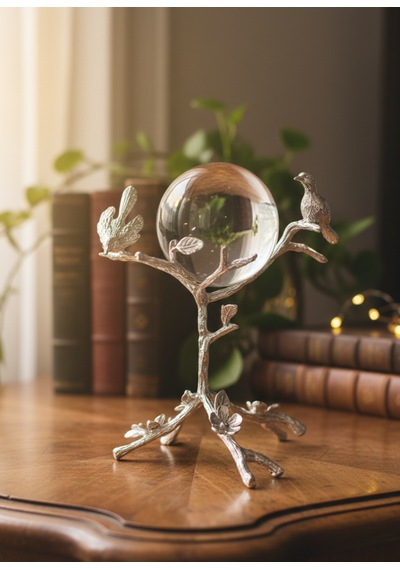 Furkan Metal Dekoratif Ayaklı Kuşlu Küre Güümüş Obje 1