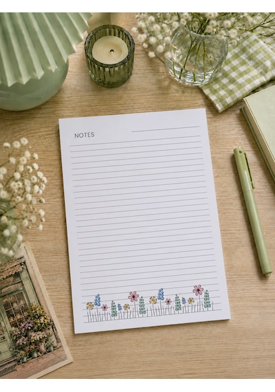 A4 Çizgili Alt Renkli Çiçekli Note Pad Beyaz - Sarı