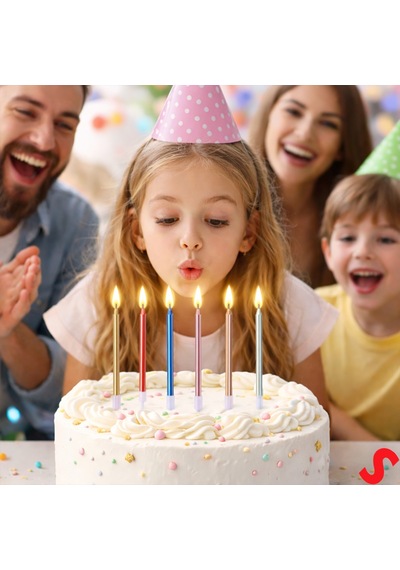 Metalik Çok Renkli İnce Uzun Pasta Mumu 19 Cm - 6 Adet