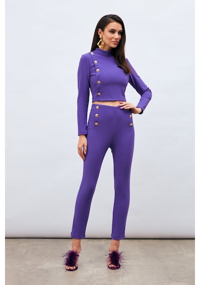 Sateen Düğme Detaylı Pantolon - Mor-132977 Mor