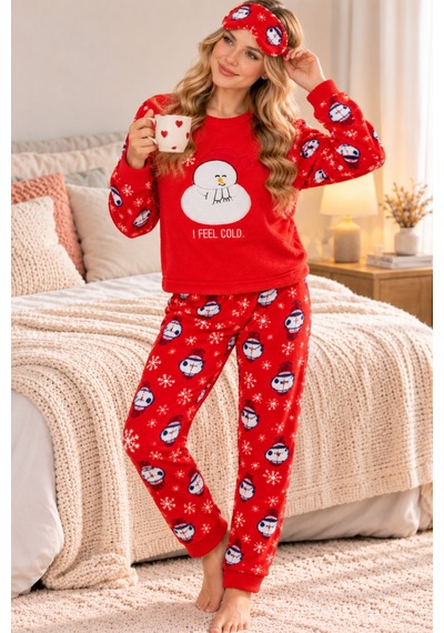 Free Beka Yılbaşı Desenli Kalın Sıcak Tutan Kumaş Kadın Pijama Takımı Ve Göz Bnadı Kırmızı Free Beka Yılbaşı Desenli Kalın Sıcak Tutan Kumaş Kadın Pijama Takımı Ve Göz Bnadı Kırmızı