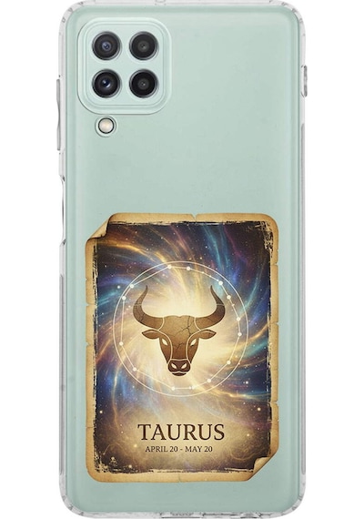 Samsung Galaxy A22 İle Uyumlu Burç Kartları Boğa Tasarımlı Şeffaf Silikon Kılıf Şeffaf
