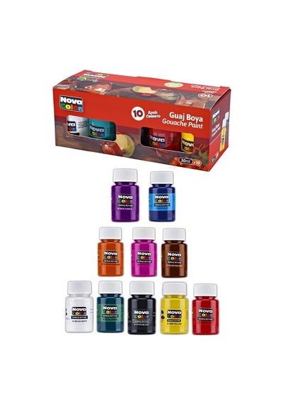 Guaj Boya 10 Renk 30 Ml 1 Paket Nova Color Guaj Boya Seti 10 Lu Su Bazlı Şişe Canlı Renkler Resim Okul Çok Renkli