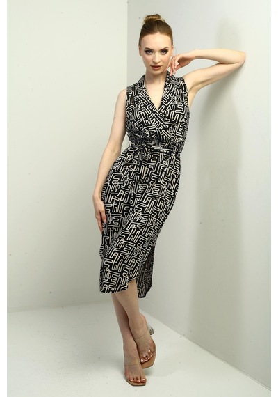 By Saygı Kadın Kruvaze Yaka Beli Kuşaklı Etnik Desen Yanları Yırtmaçlı Viskon Midi Elbise-40729 Siyah - Bej By Saygı Kadın Kruvaze Yaka Beli Kuşaklı Etnik Desen Yanları Yırtmaçlı Viskon Midi Elbise-40729 Siyah - Bej