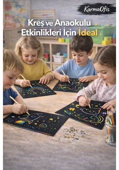 10x10 Lu Gökkuşağı Kazıma Kartonu Seti 100 Adet A4 Kreş Anaokulu Etkinlik Seti