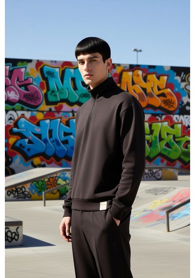 Benerly Erkek Dik Yaka Standart Kol Oversize Kalıp Fermuarlı Sweatshirt F Kahverengi