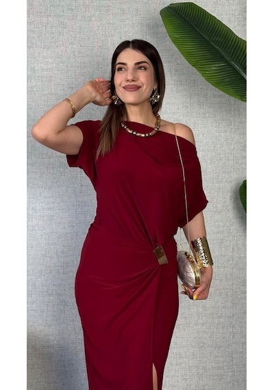 Hazego Kadın Kısa Kollu Tek Omuzdan Açık Beli Lastikli Sandy Maxi Elbise Bordo