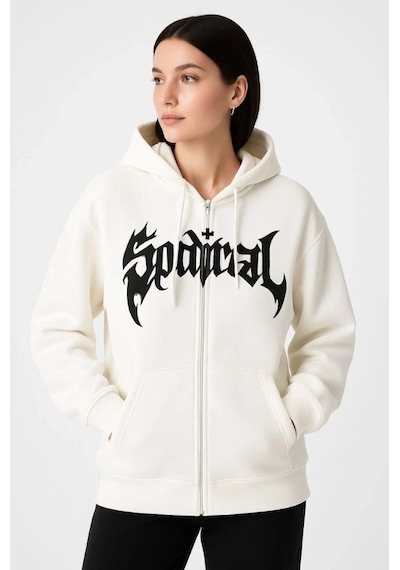 Valensdesign Oversize Kapüşonlu Sweatshirt Hoodie 3 İplik Şardonlu Pamuklu Kumaş, Önü Baskılı, Fermuarlı Rahat Ka Beyaz