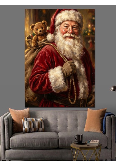 Hediye Çuvalıyla Noel Baba Santa Dekoratif Kanvas - Mdf Ahşap Tablo