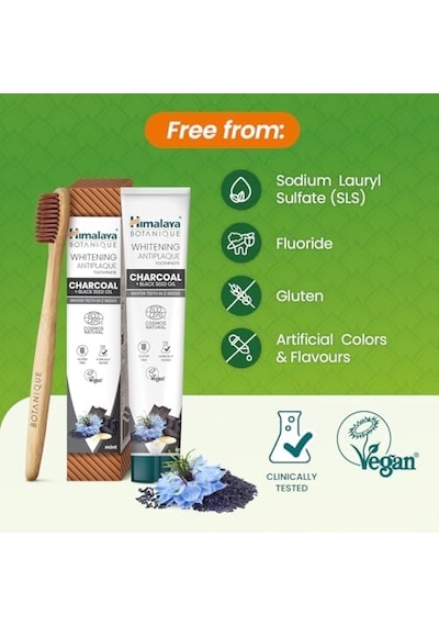 Himalaya Botanique Beyazlatıcı Plak Karşıtı Diş Macunu 75 Ml Ecocert Cosmos Sertifikalı Organik Aktif, Kömür, Çörek Otu Yağı Florür Ve Gluten İçermez